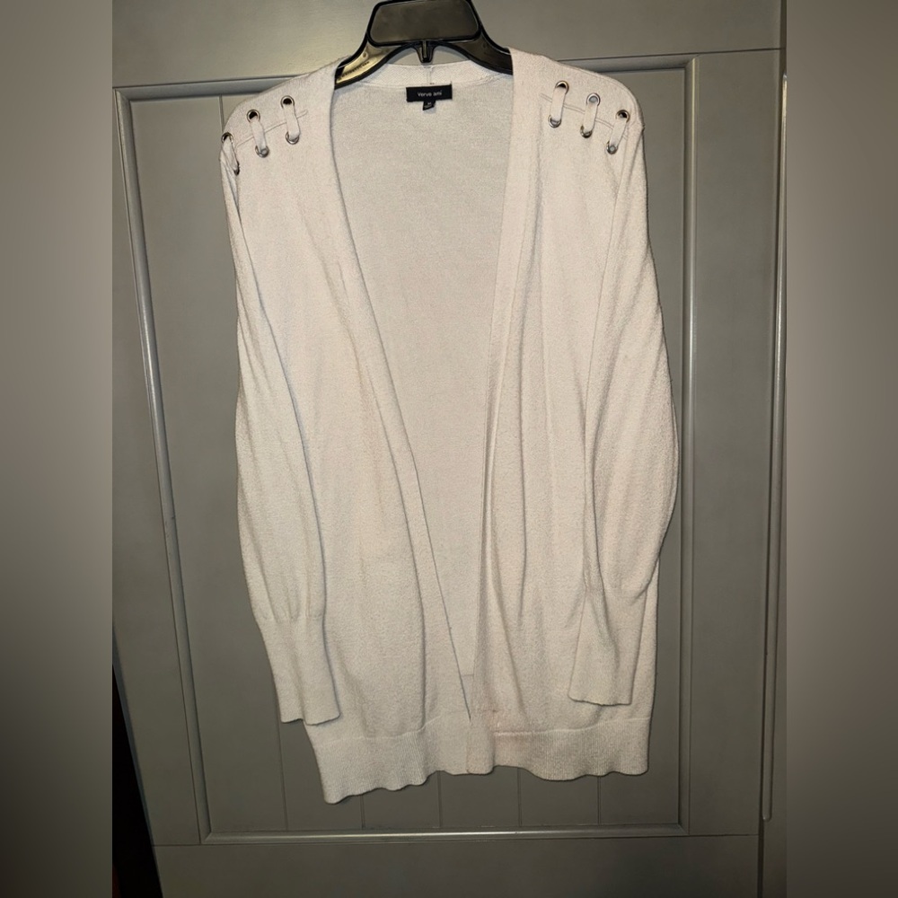 Verve Ami Cream Cardigan Sweater with Studded Shoulders